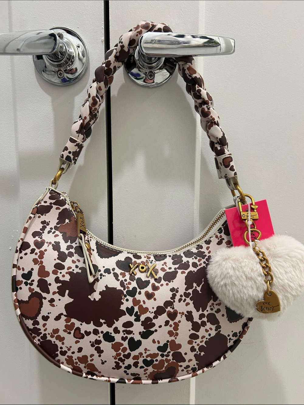 Betsey Johnson (NWT) Brown Cow Print Crescent Shoulder Bag